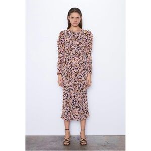 ZARA Floral Ruched Midi Puff Sleeve Dress
